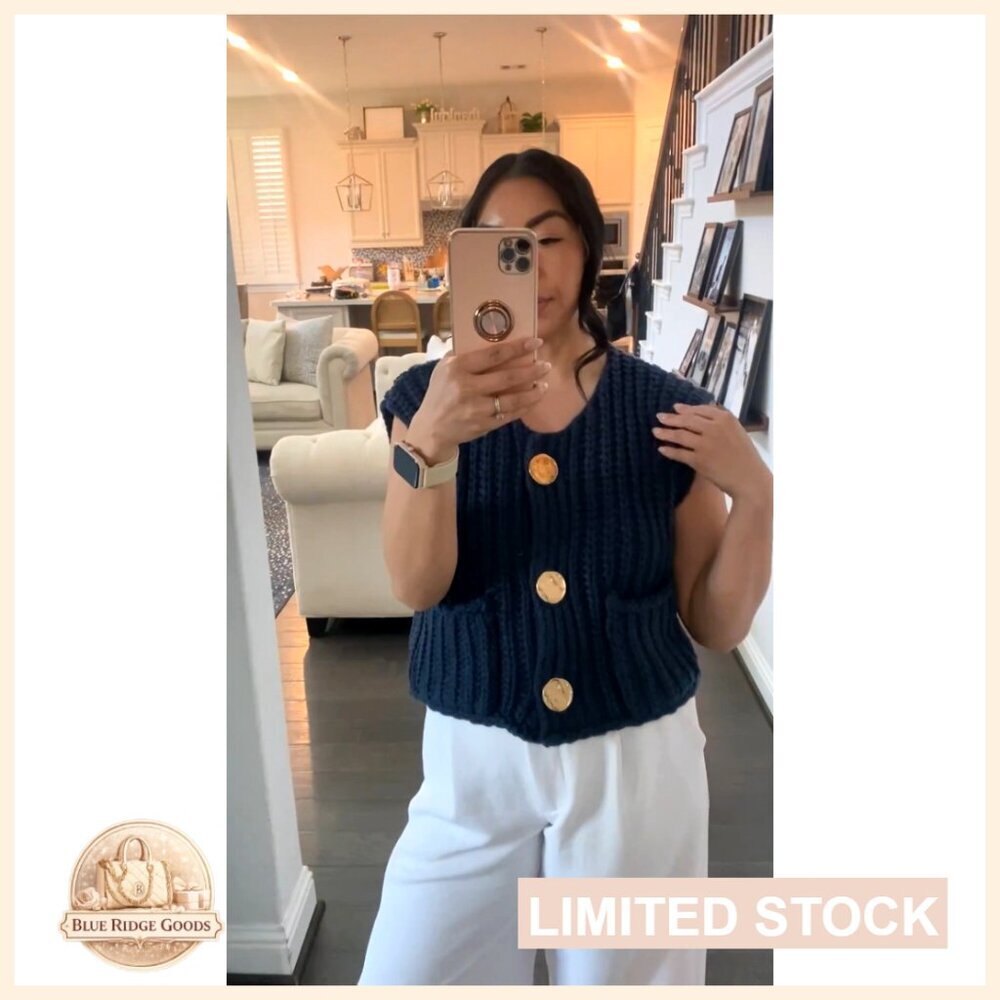 Crochet Chunky Knit Sleeveless Button Down Crop Top Cardigan Sweater Vest with - Picture 6 of 7